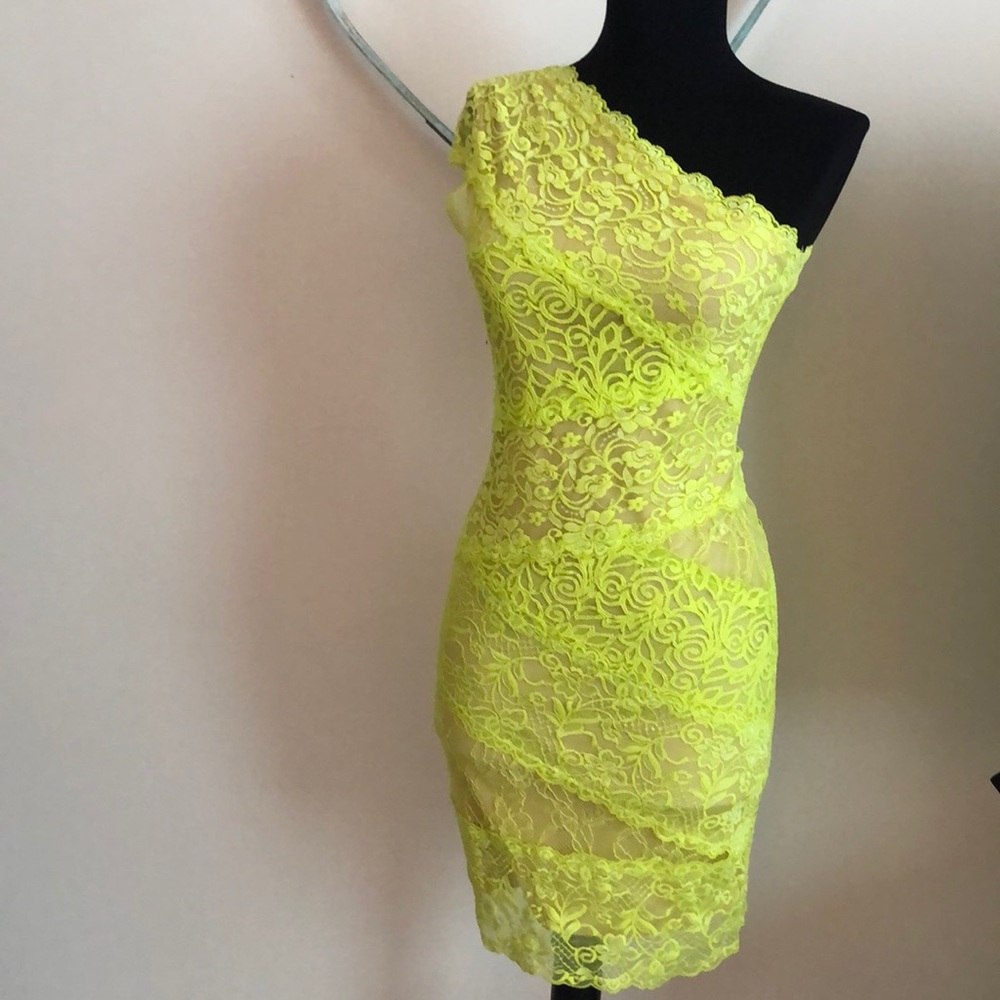 Chartreuse Nude Illusion Lace One Shoulder Dress